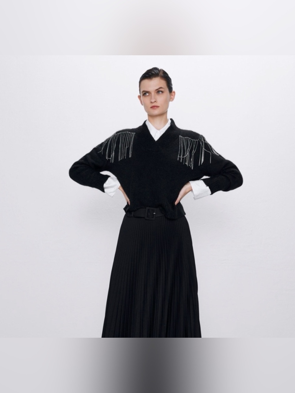 Zara Special Edition Premium Mohair Blend Rhinestone Fringe Sweater Black S BNWO